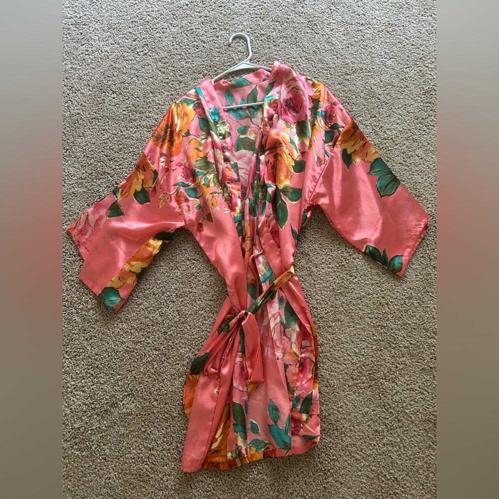 Floral Satin Kimono Robe - Pink